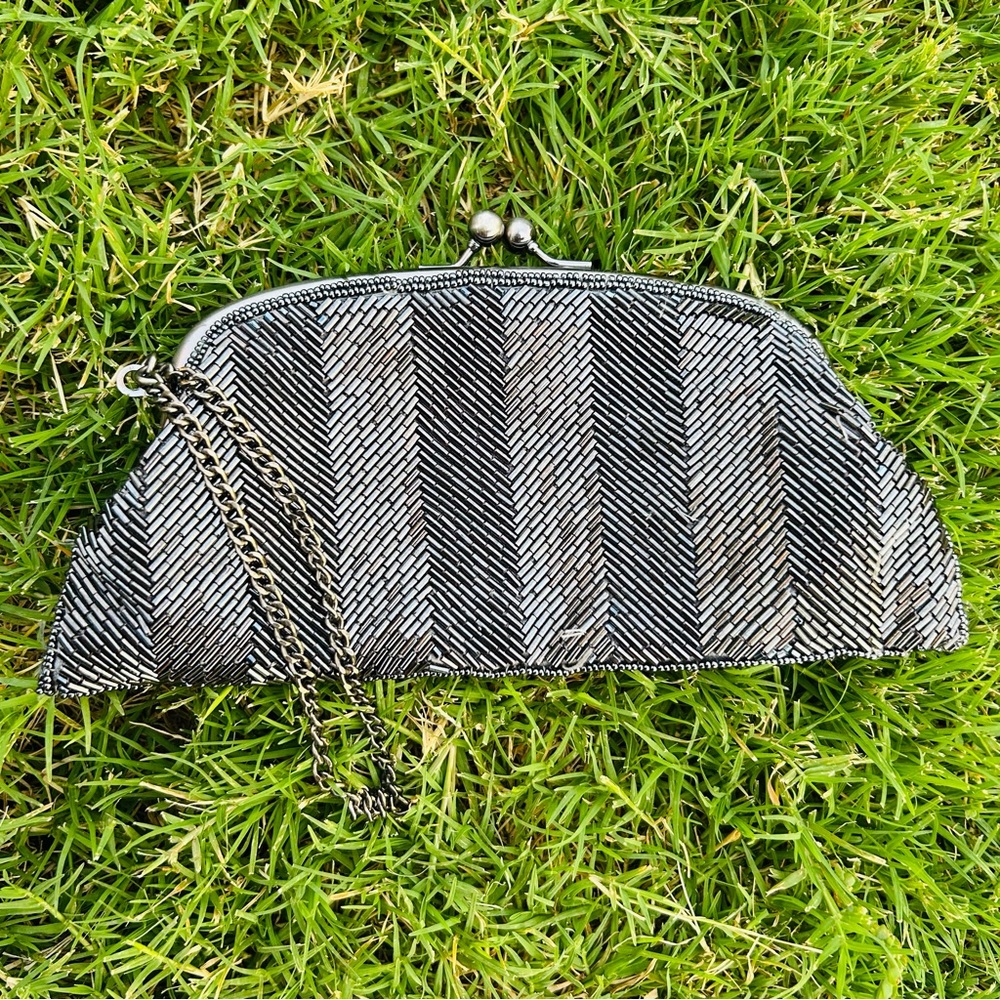 The limited Grey Black Beaded clutch hand purse small
